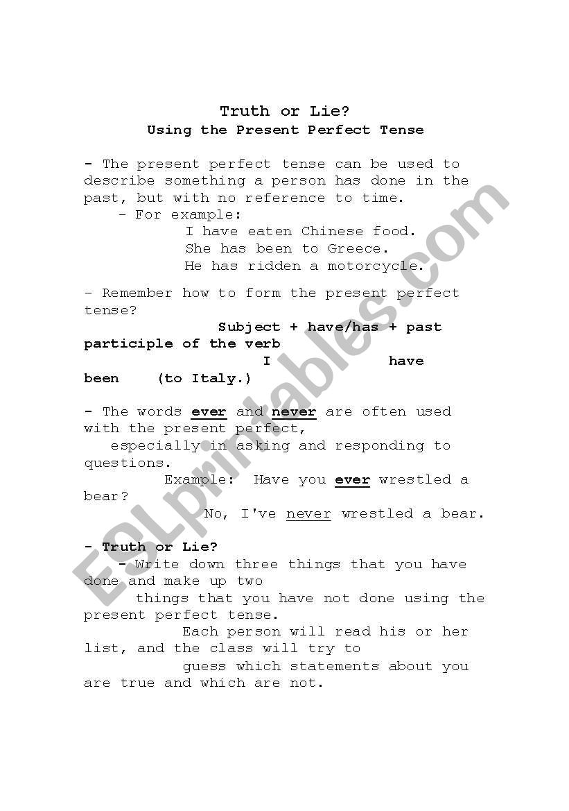 Using the Present Perfect - Truth or Lie Exercise