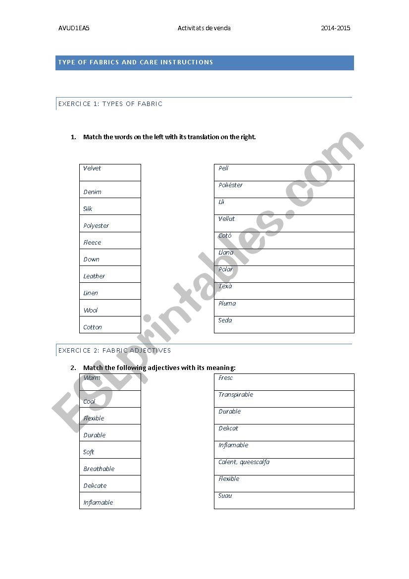 IDENTIFYING FABRICS worksheet