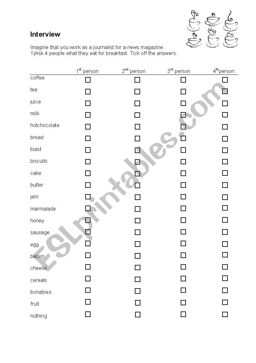 Interview eating habits worksheet