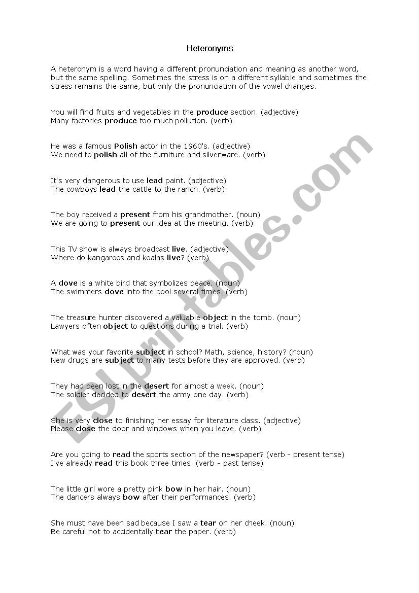 heteronyms worksheet