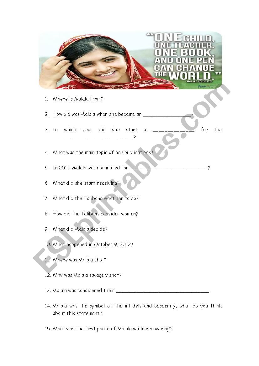 Malalas life lesson worksheet