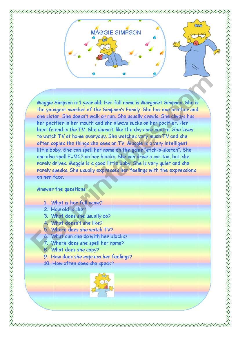 Maggie Simpson Profile worksheet