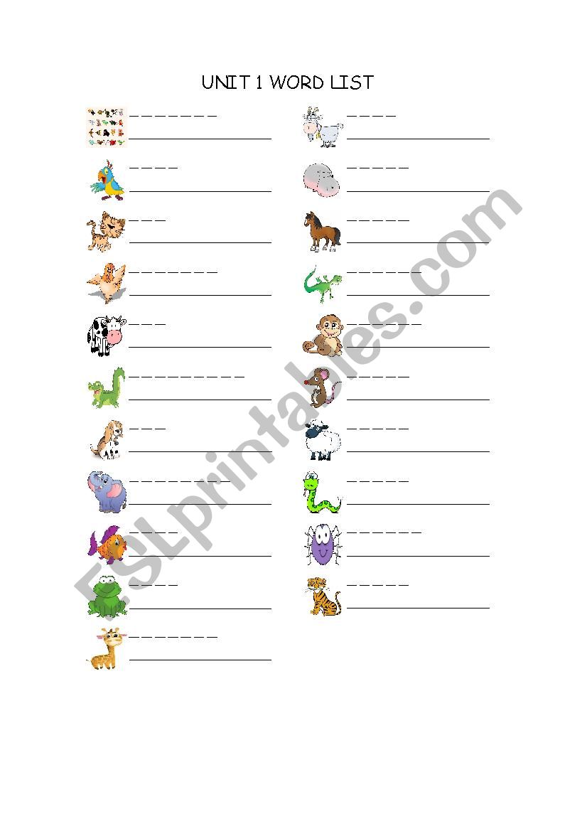 Starters Wordlist - Animals worksheet