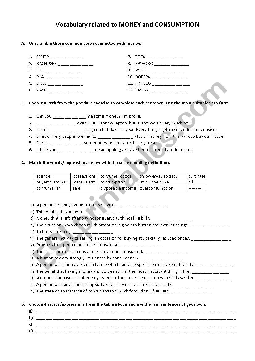 Consumerism worksheet