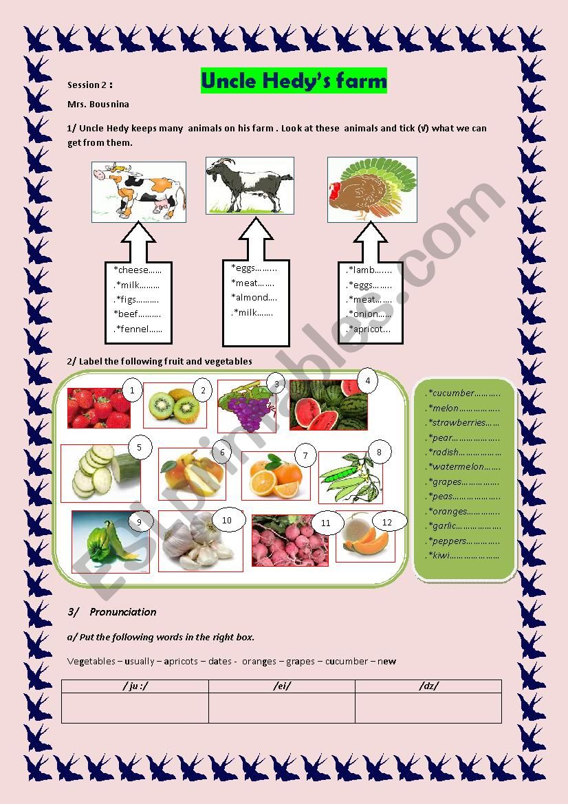 Uncle Hedys farm worksheet