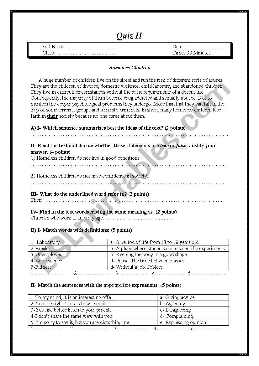 reading, vocabulary, and functions test