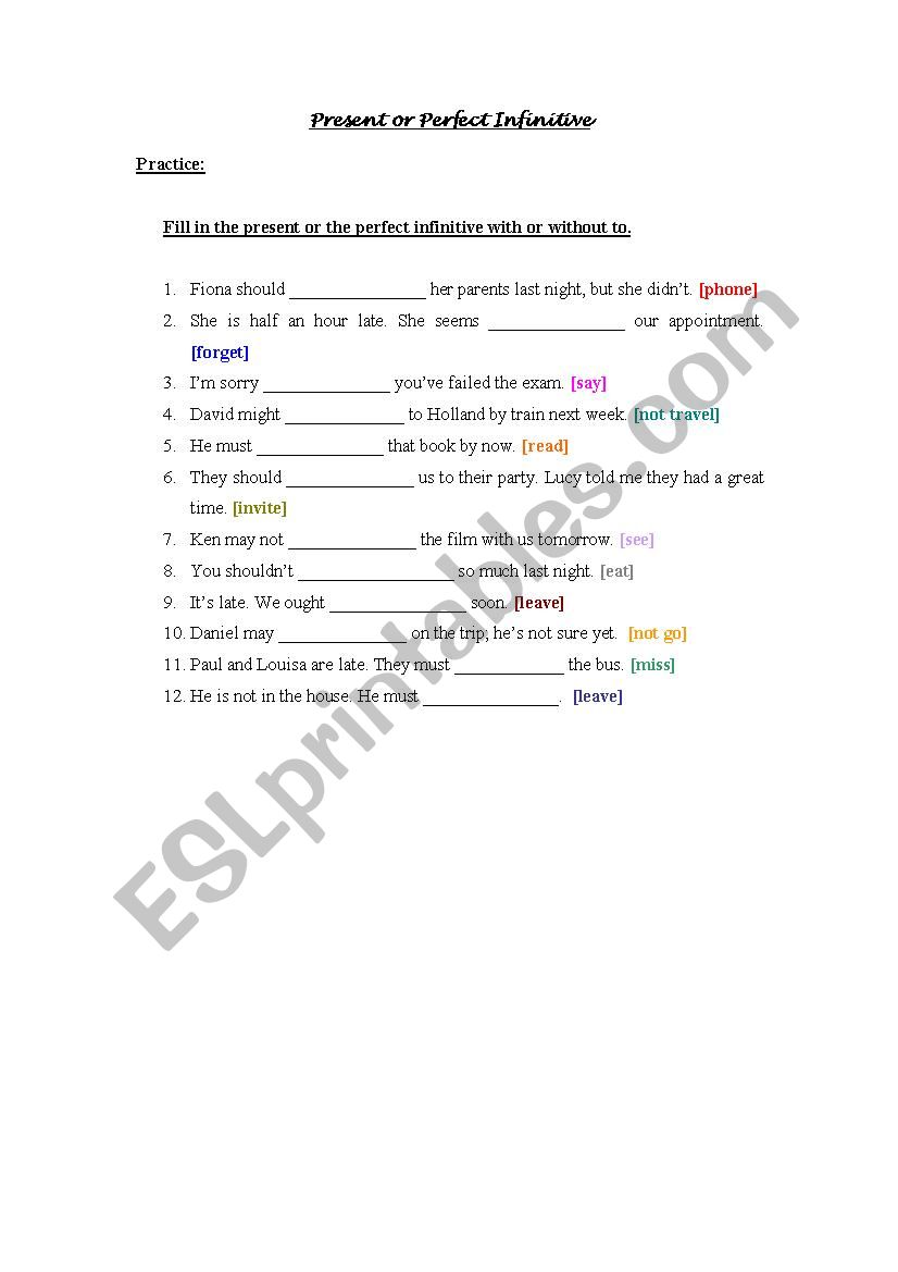 Present or Perfect Infinitive worksheet