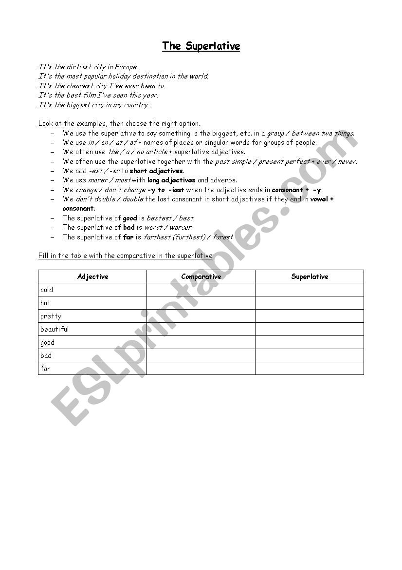 Superlative worksheet