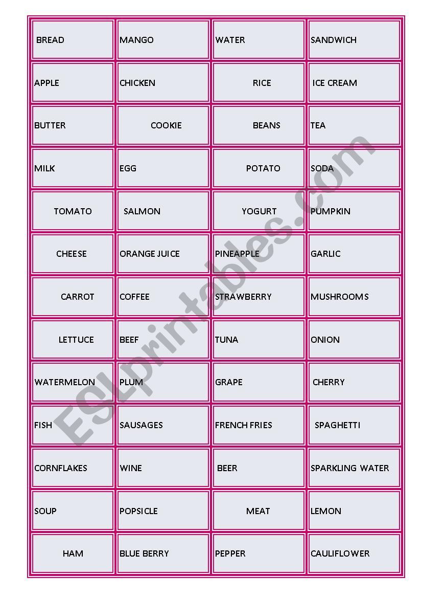 Bingo - Food vocabulary  worksheet