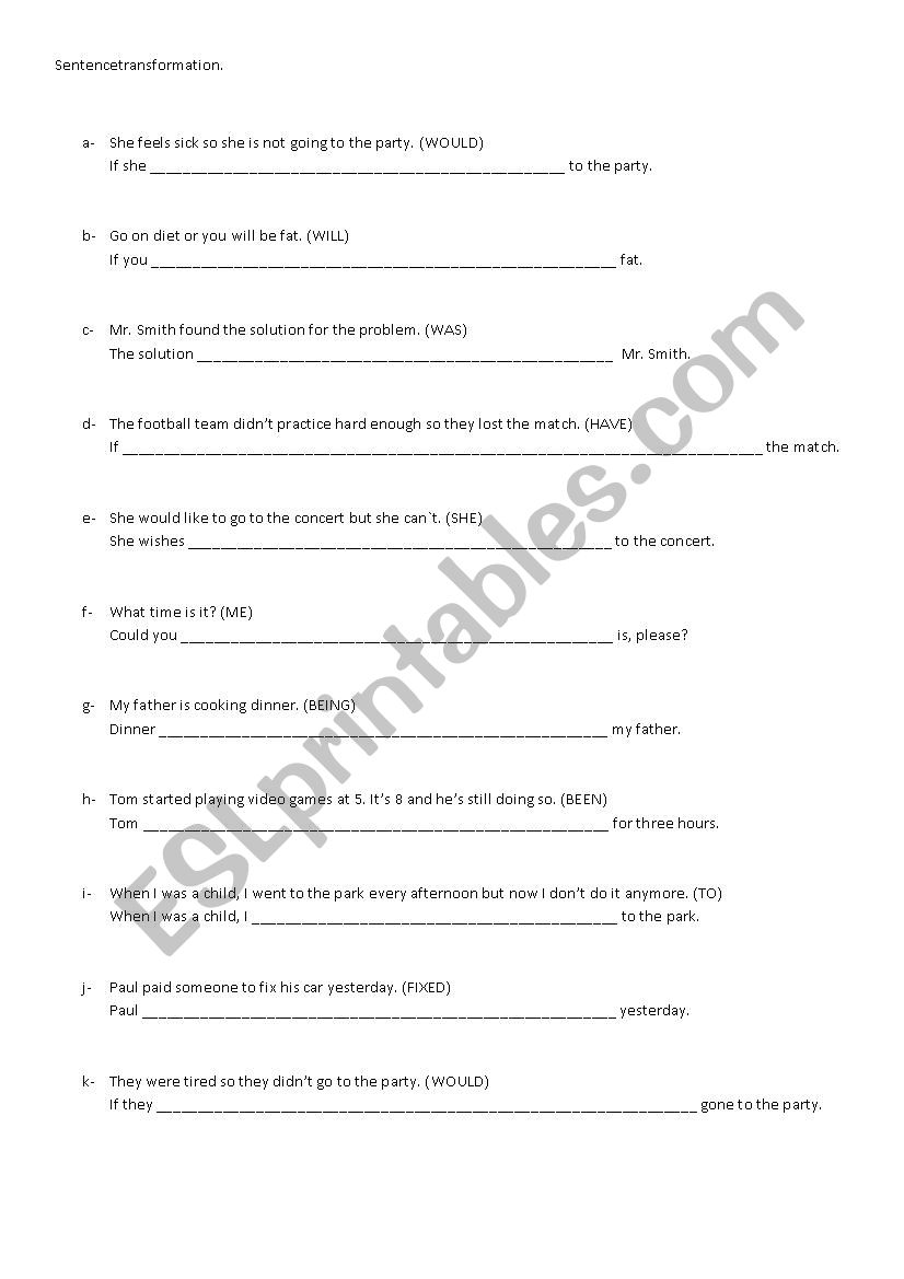 SENTENCE TRANSFORMATION worksheet