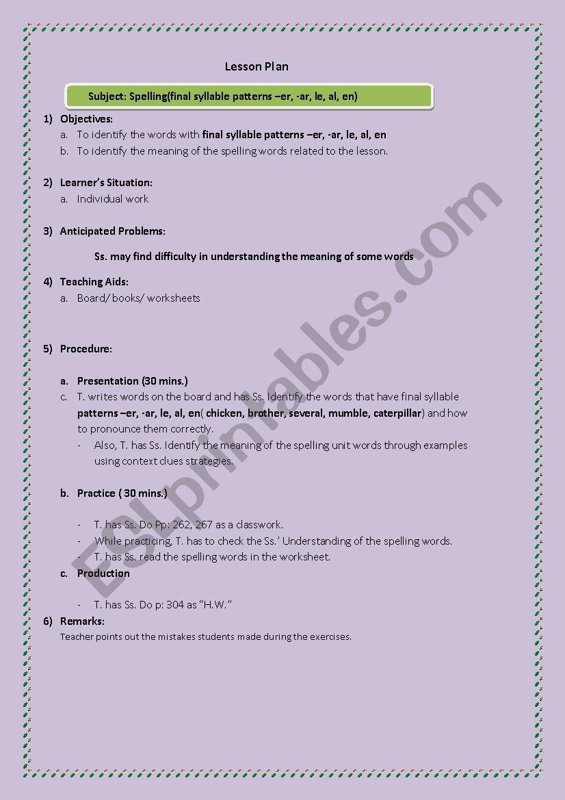 Lesson plan for spelling (Final Syllable Patterns)