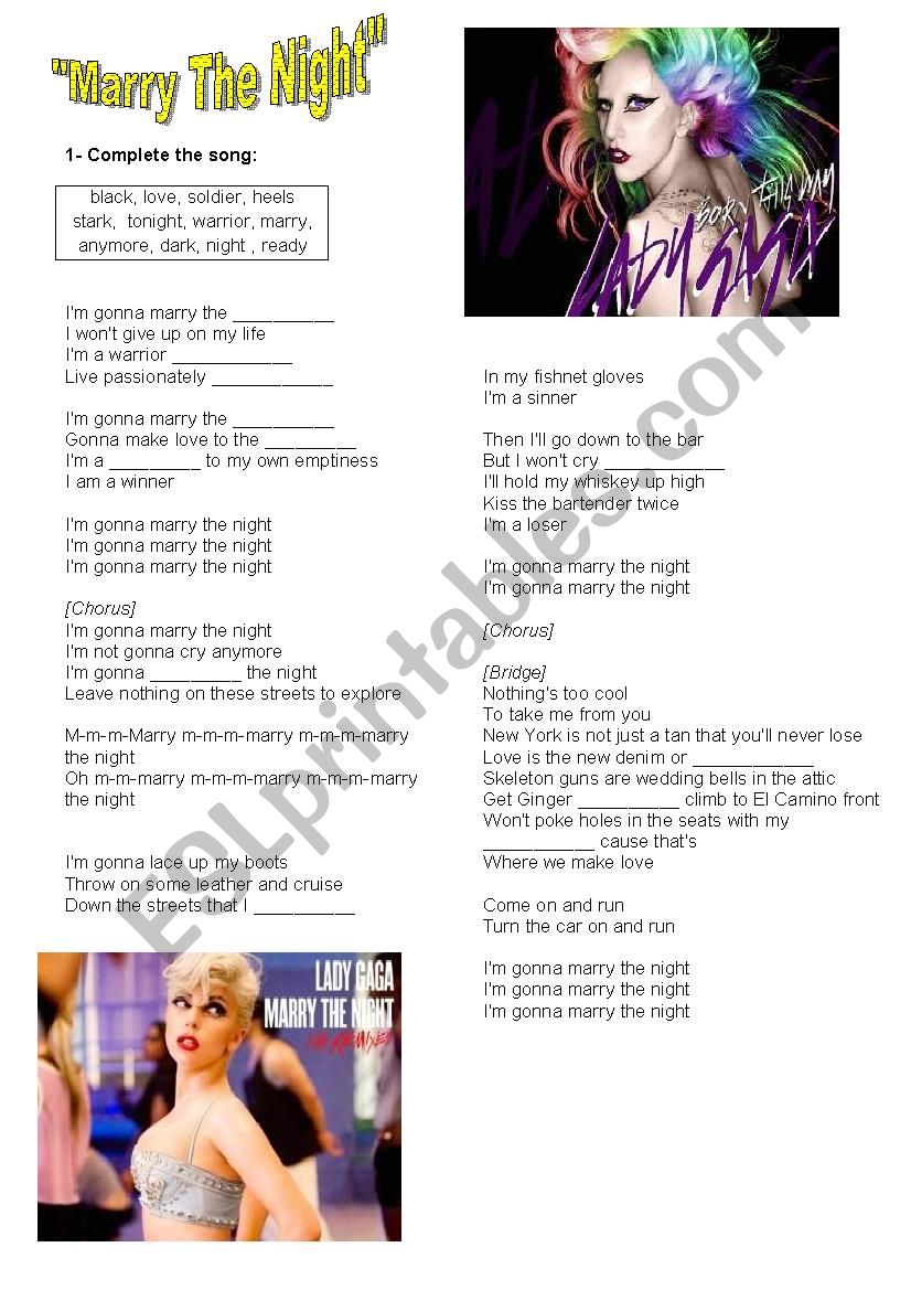Marry the night worksheet