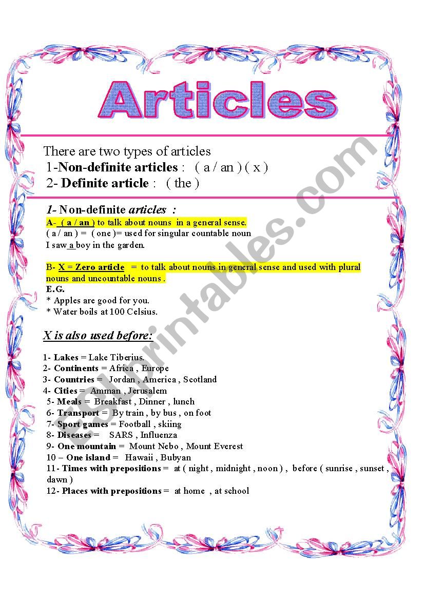 articles worksheet