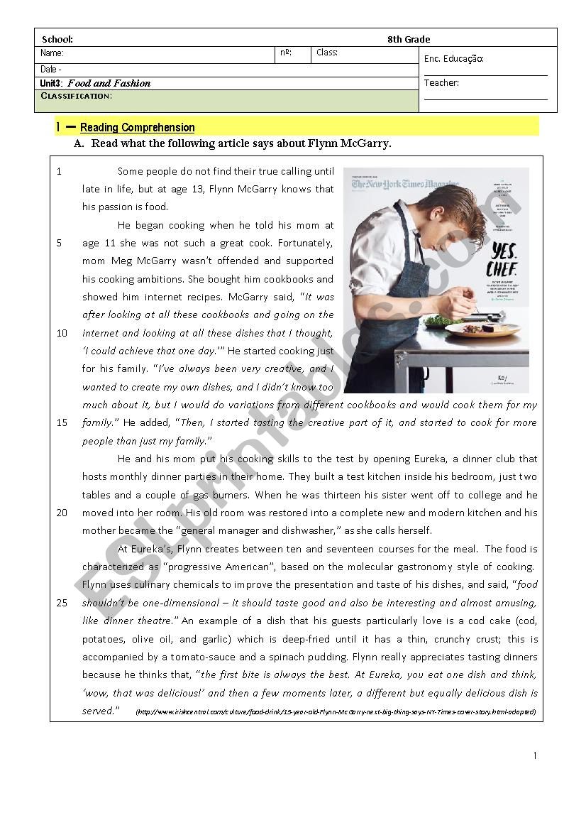Passion for Cooking - Food - 8th Grade Test