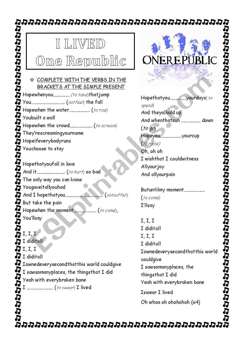 I LIVED, One Republic worksheet