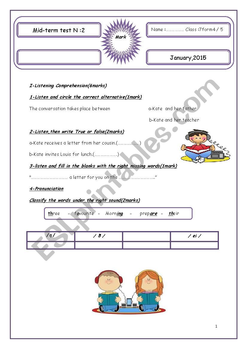 mid-term test N:2 (7th formers)(Tunisian)