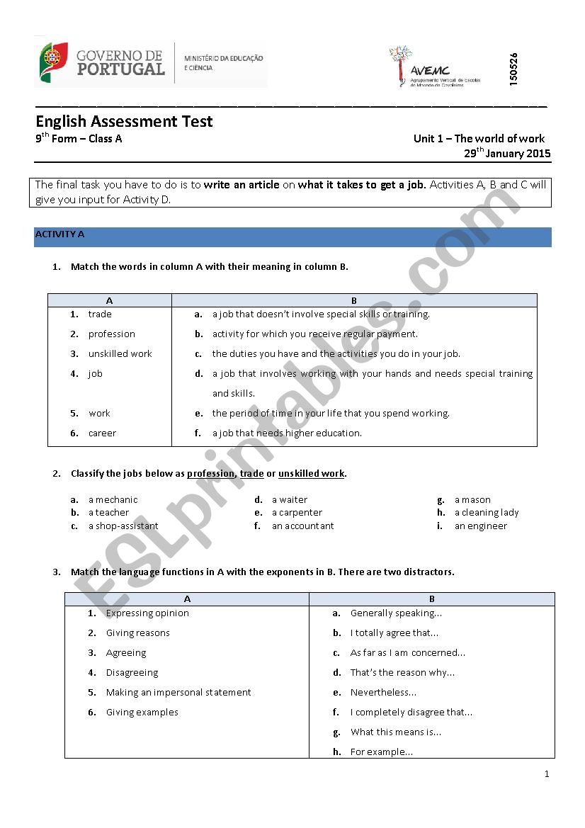 The World of Work worksheet