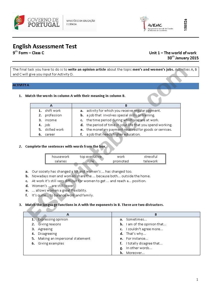 The World of Work worksheet