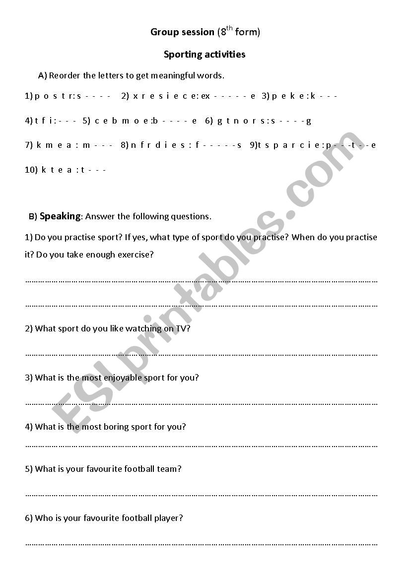 sporting activities worksheet