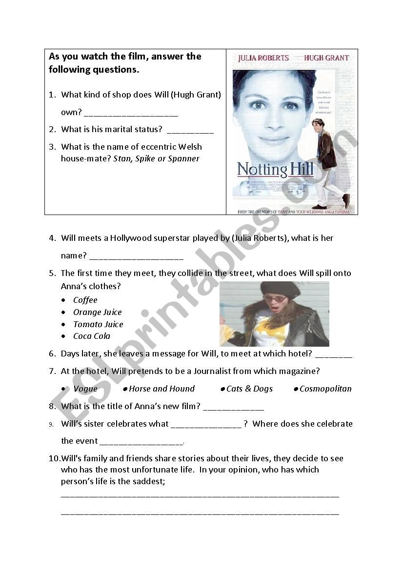 Movie worksheet: Notting Hill worksheet