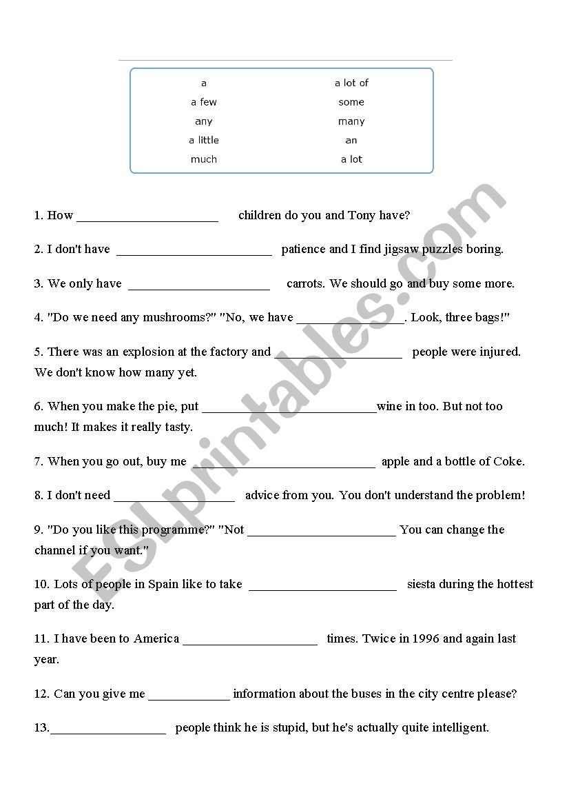 Quantifiers gap fill worksheet