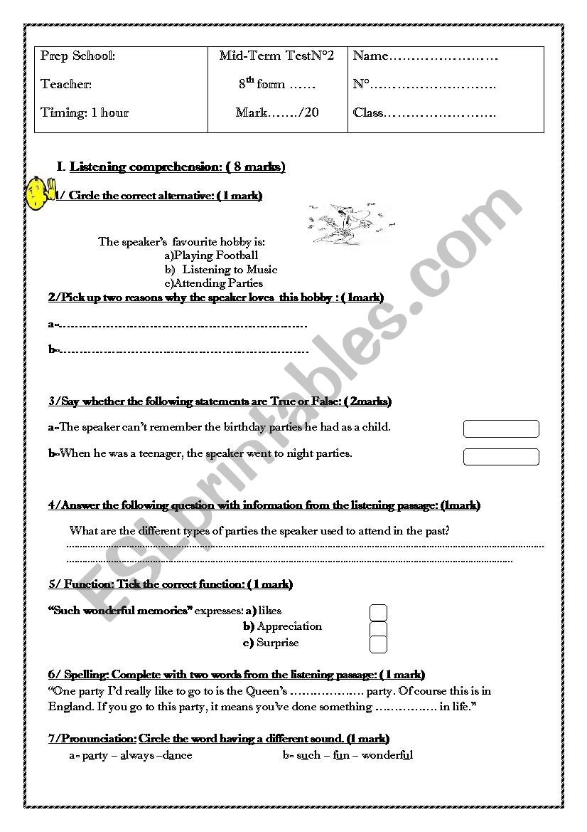 Mid Term Test2 8th form worksheet