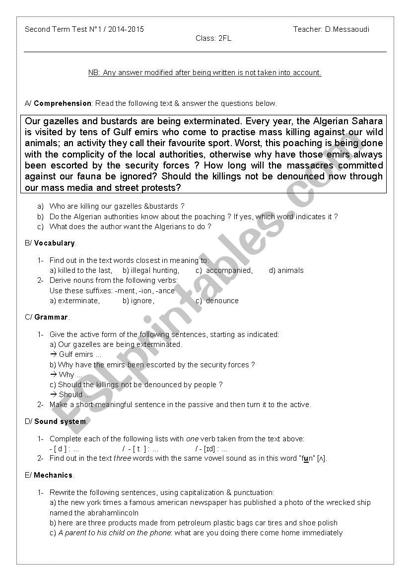 Second Term Test N1 - 2FL worksheet