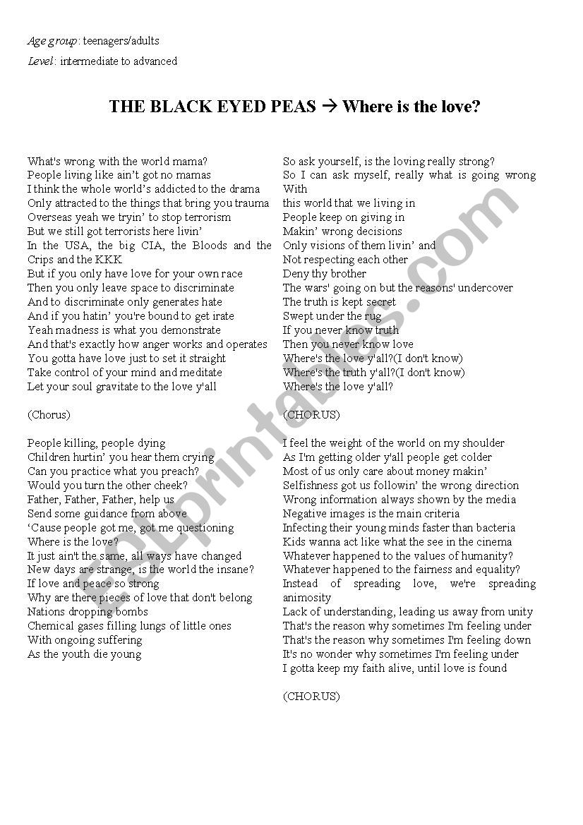 SONG, The Black Eyed Peas, Where is the LOVE, lesson plan