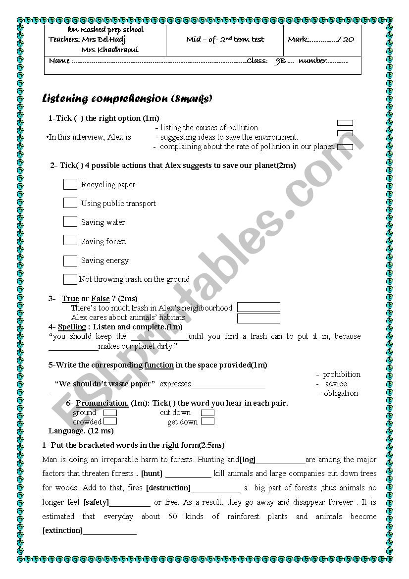 Mid-term test n2 9th form worksheet