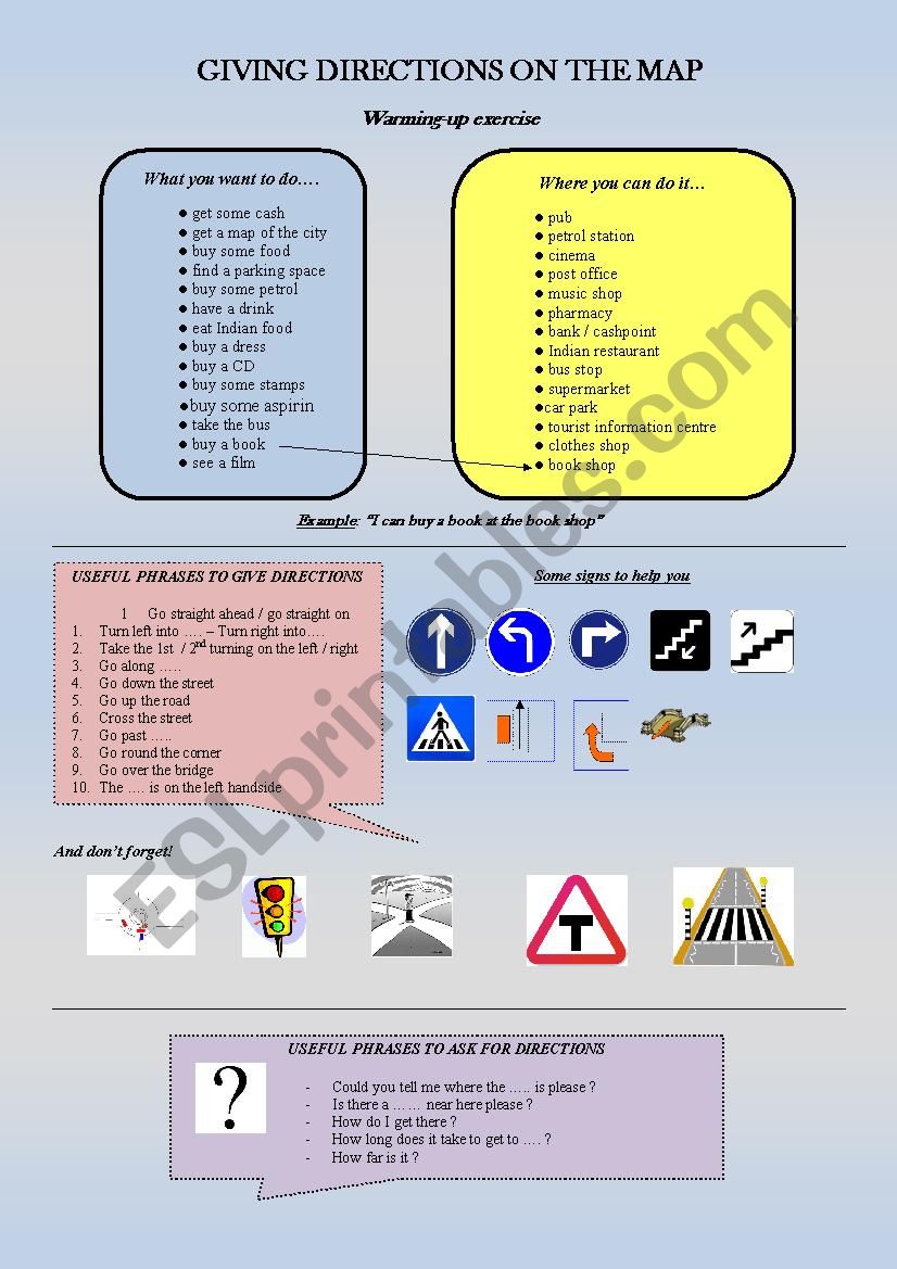 Giving directions from a map worksheet