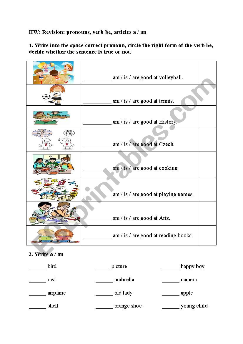 revision - verb be, pronouns, articles a /an