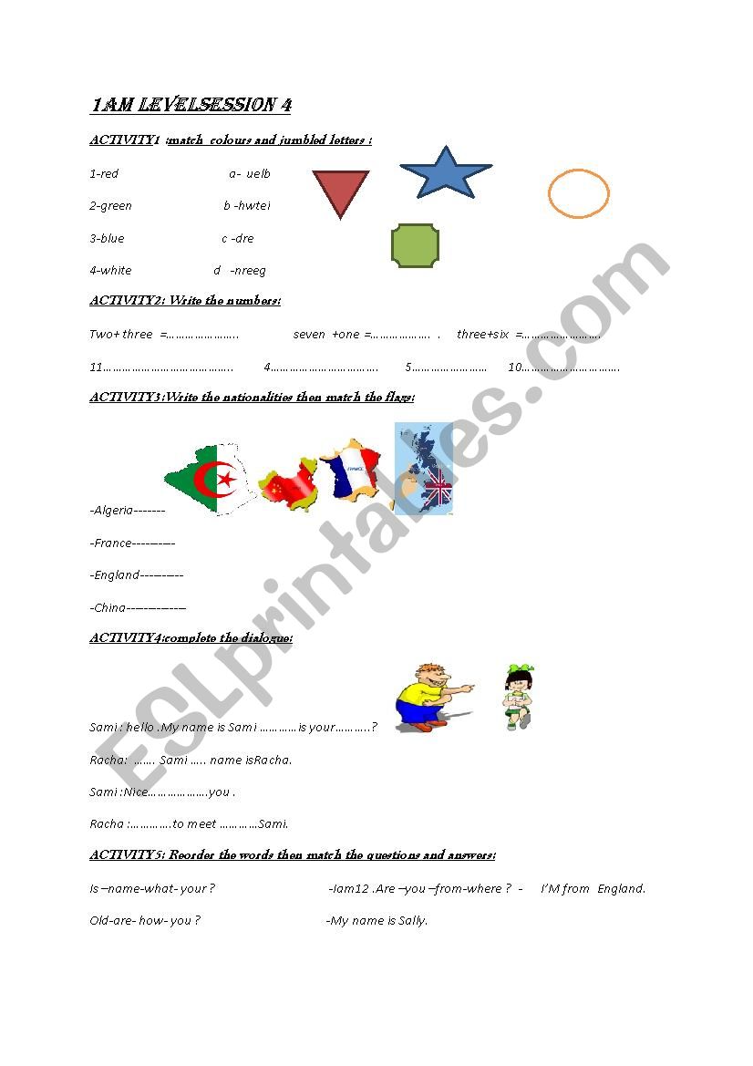 acitvities worksheet