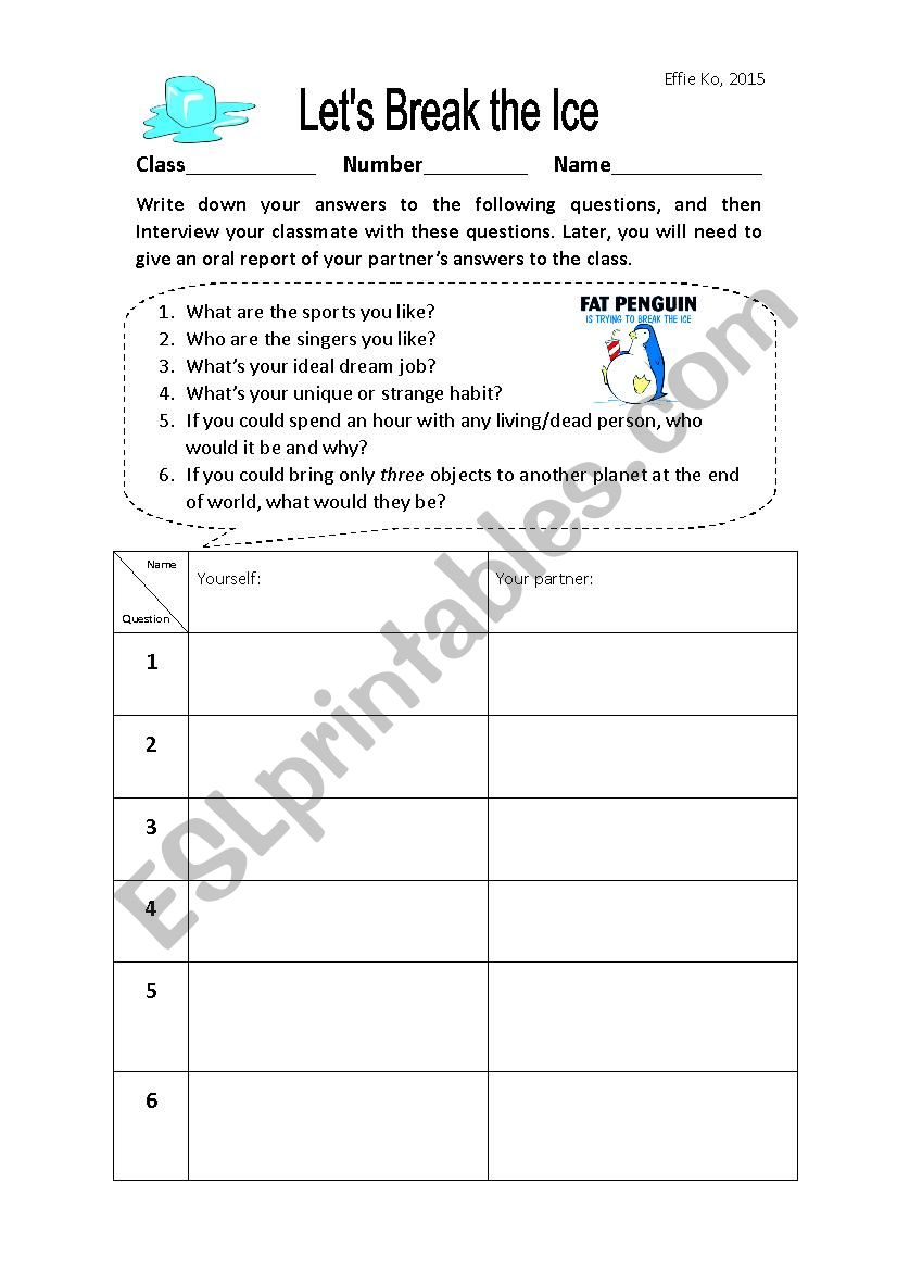 Ice-breaking activity worksheet