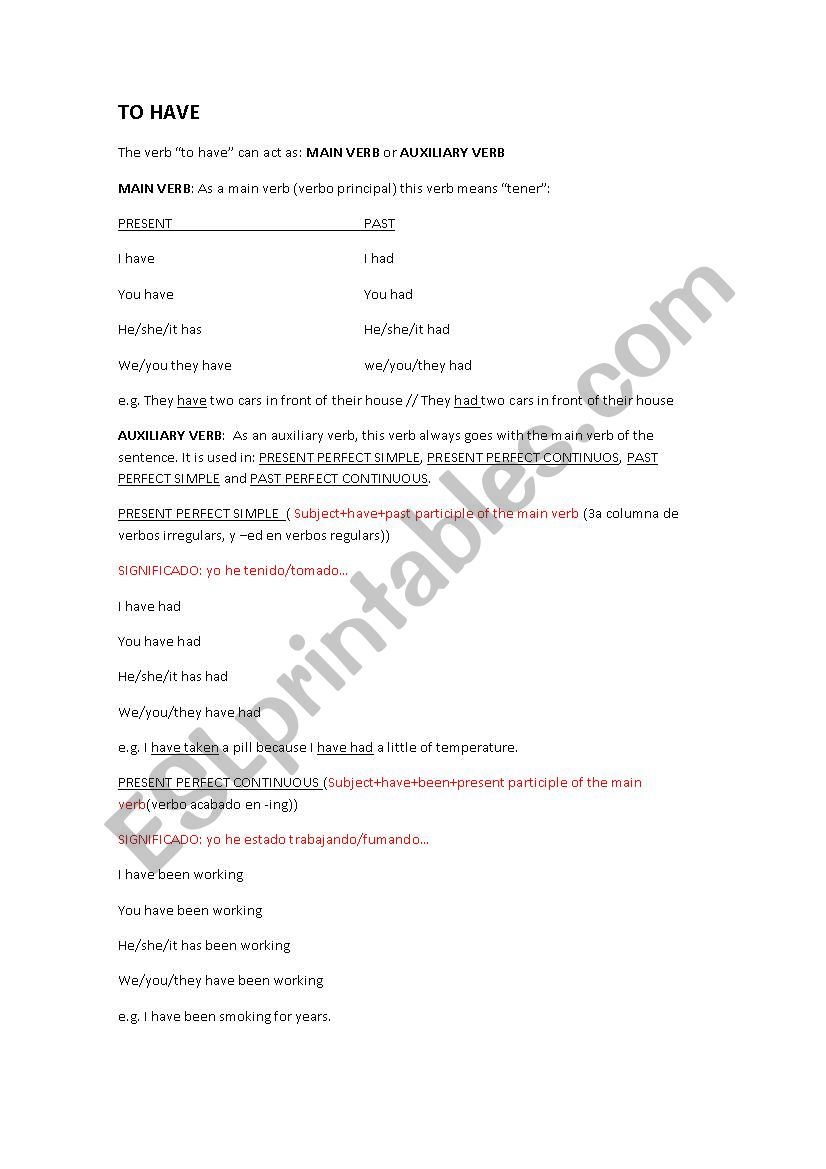 To have verb worksheet