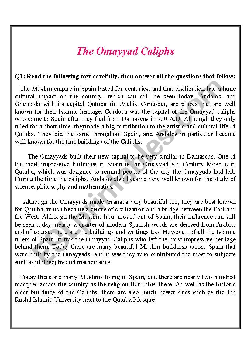 A text on The Omayyad Caliphs worksheet