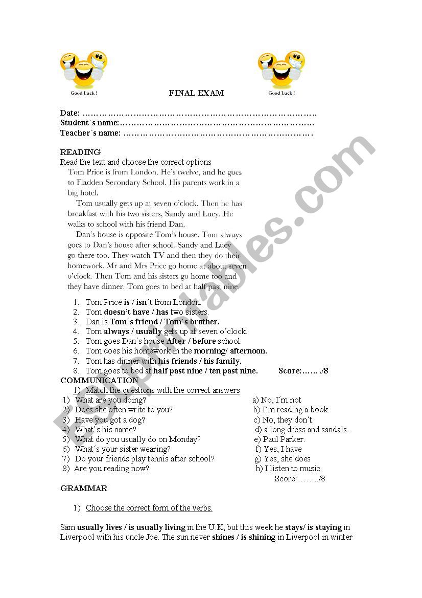 Final Exam worksheet