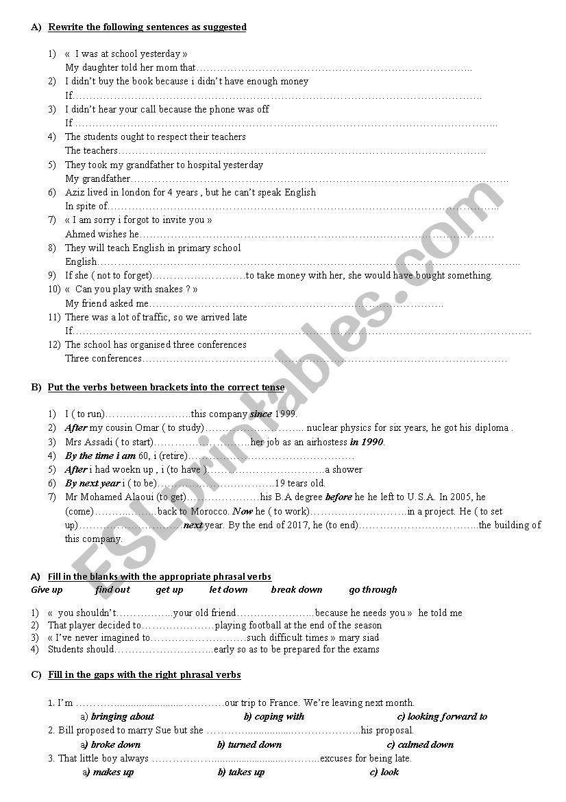 various exercices worksheet