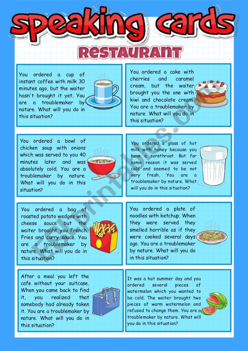 Restaurant - speaking cards worksheet