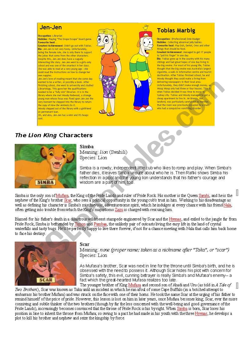 Character Profiles Activities worksheet