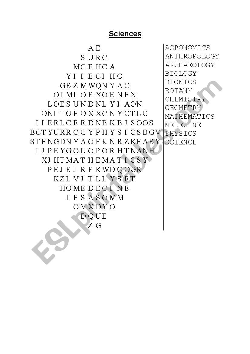 Wordsearch about sciences worksheet