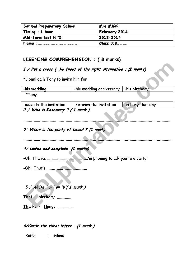 8th form mid-term test N2 worksheet