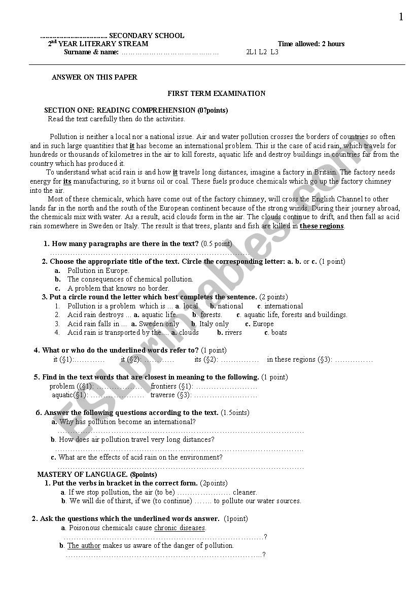 Exam 2nd year about pollution worksheet