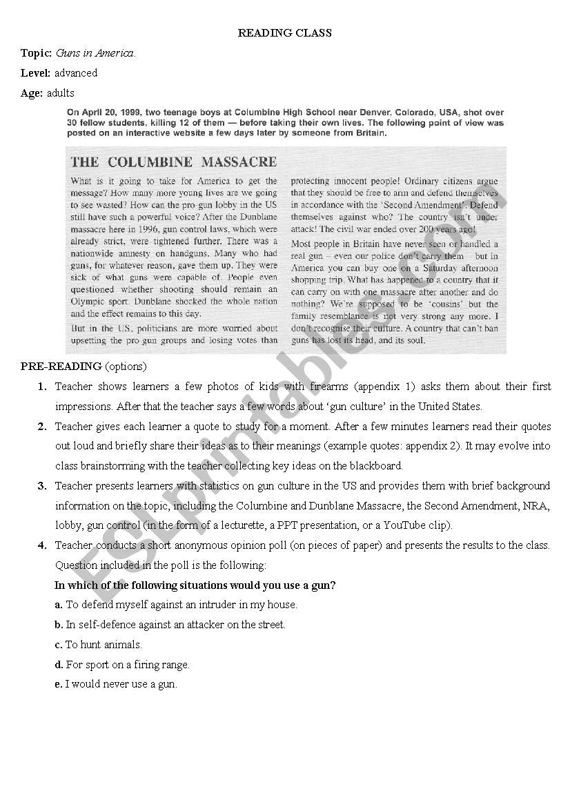 GUNS in USA, lesson plan, reading