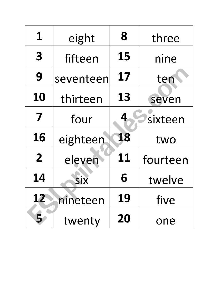 Domino numbers 1-20 worksheet