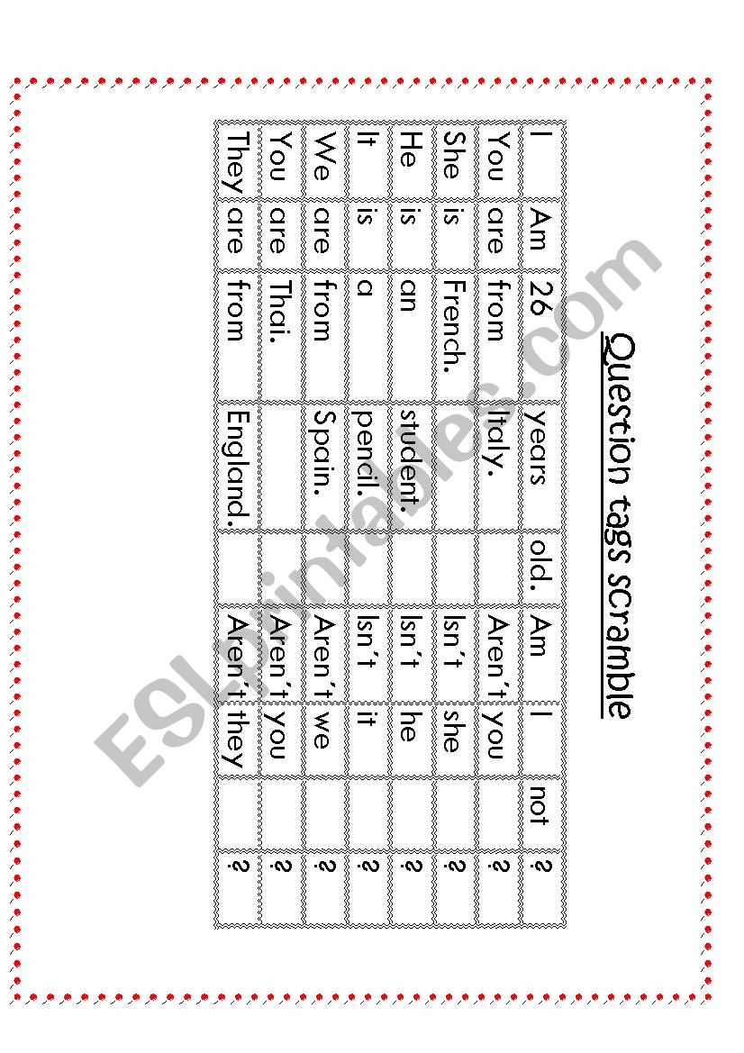 Question tags scramble worksheet