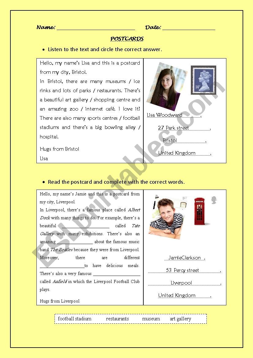 Postcards worksheet