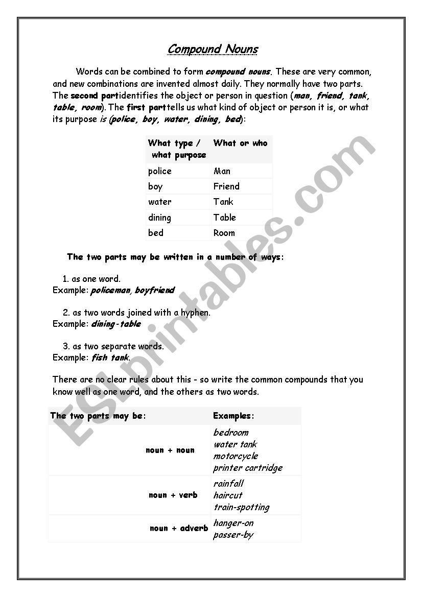 compound noun worksheet