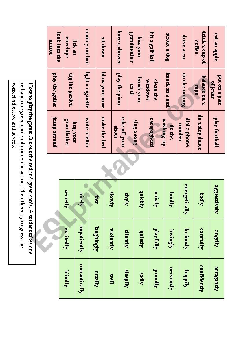 Adjective / adverb game worksheet