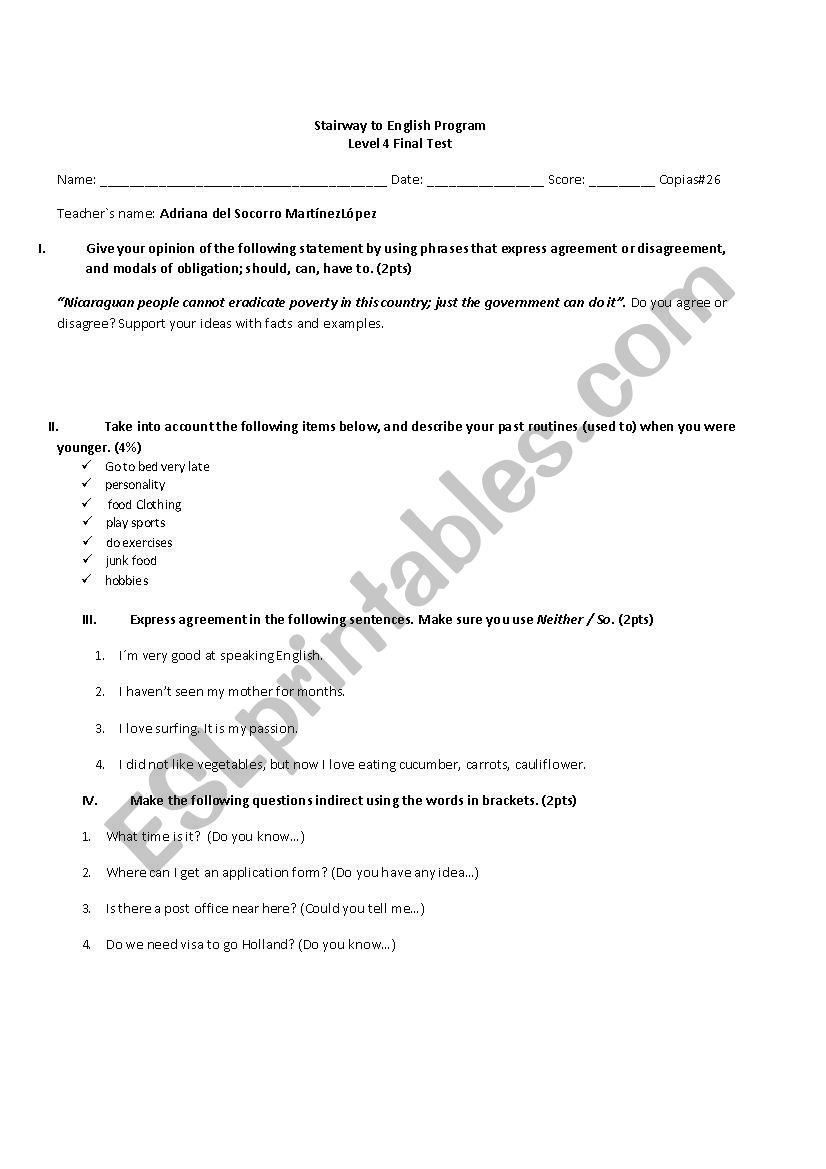 Test-Level IV worksheet