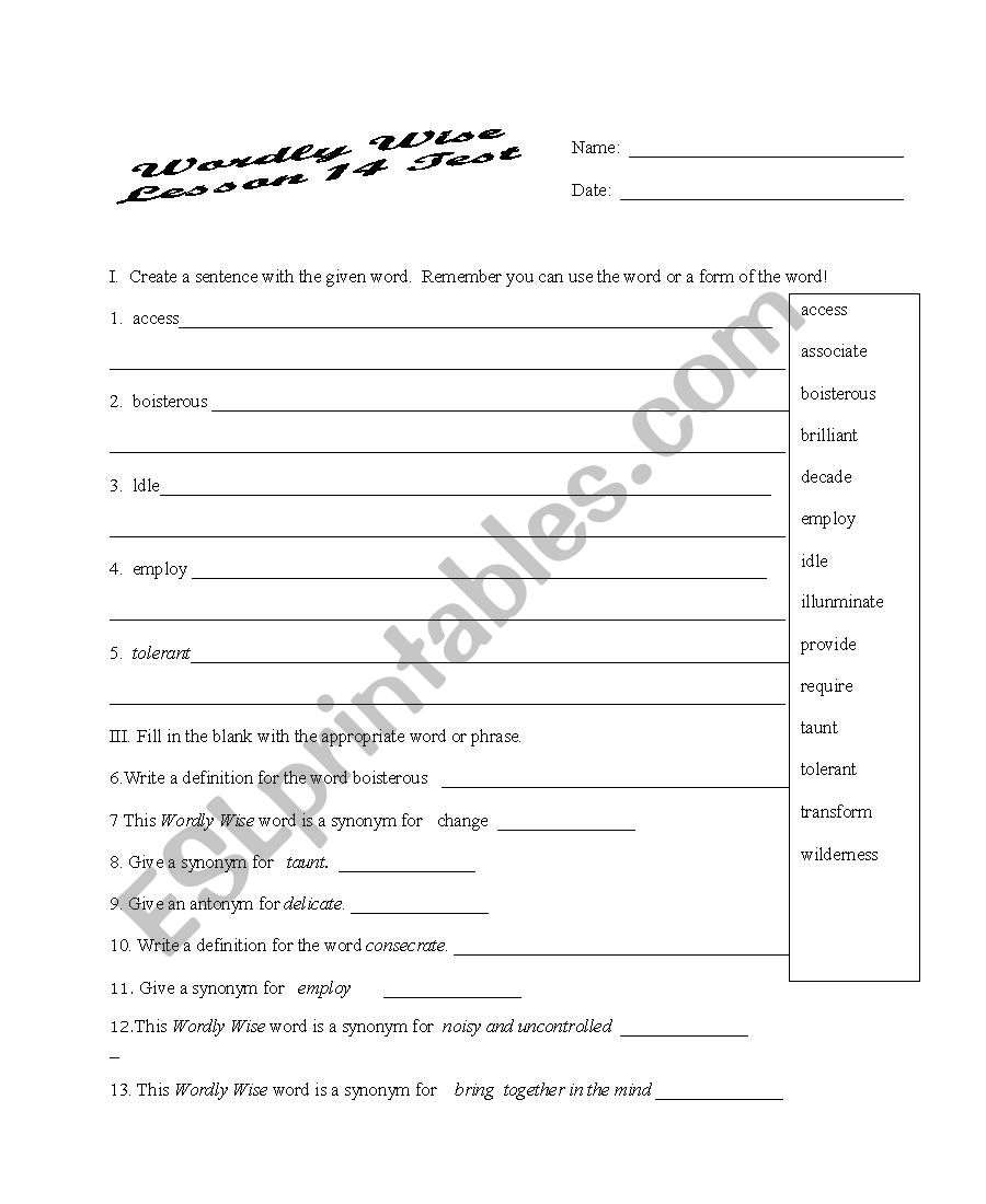 General vocabulary worksheet